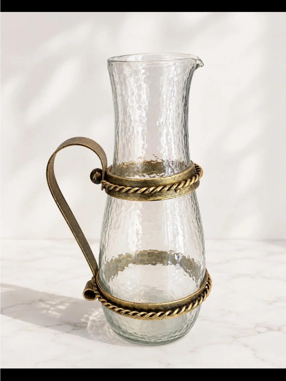 Vintage hammered  Glass Pitcher with Antique brass Accent Handle